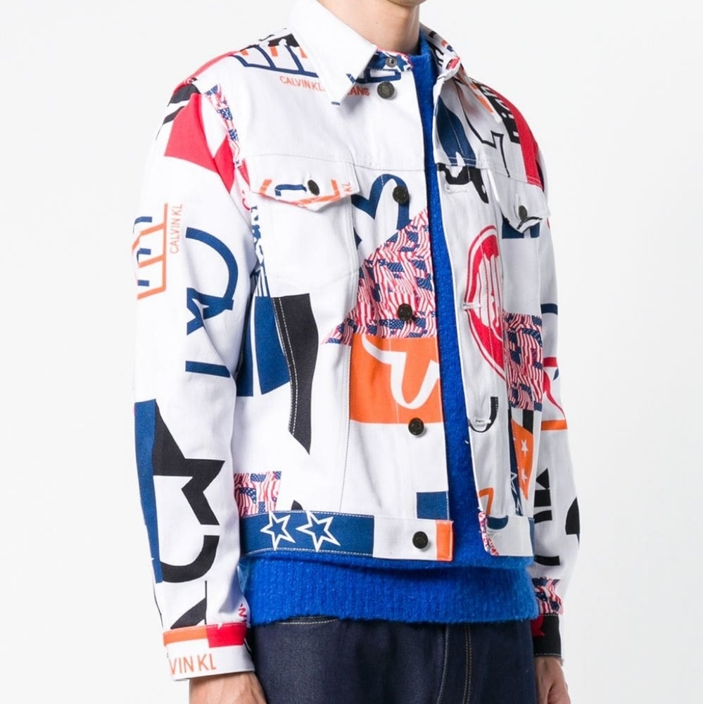 Calvin Klein Jeans Modernist Denim Trucker White Print Jacket Size Large